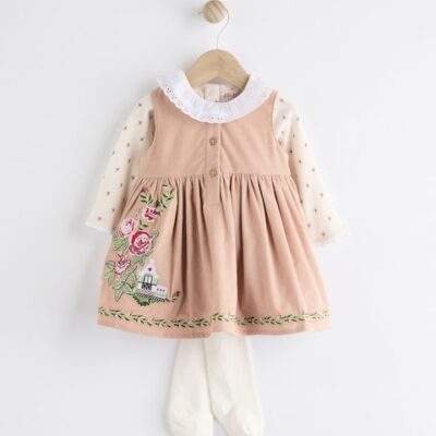 Cath Kidston Beige Embroidered Corduroy Pinafore 100% Cotton Dress with Tights