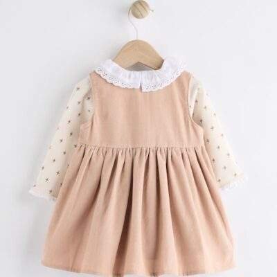 Cath Kidston Beige Embroidered Corduroy Pinafore 100% Cotton Dress with Tights