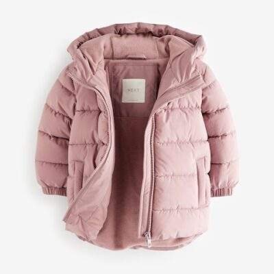 Pink Shower Resistant Fleece Lined Hooded Padded Coat