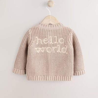 Hello World Neutral Chunky Knitted Embroidered Baby Cardigan