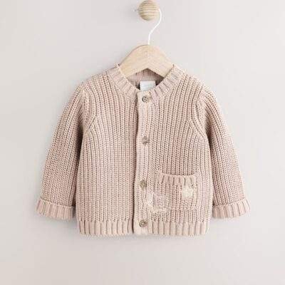 Hello World Neutral Chunky Knitted Embroidered Baby Cardigan