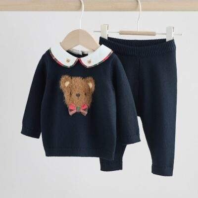 Navy Bear Knitted Jumper and Leggings Baby Set