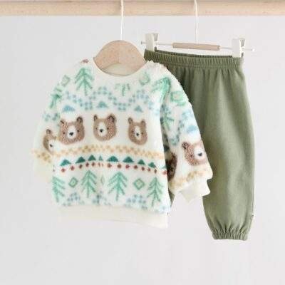 Green Bear Fairisle Baby Fleece Top and Joggers Set