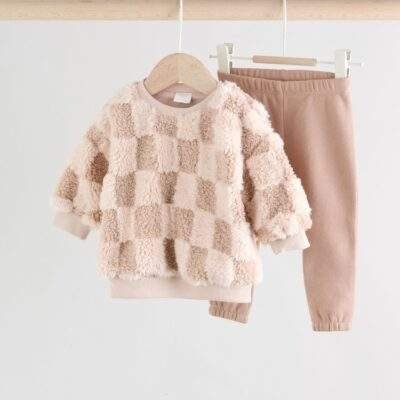 Neutral Checkerboard Baby Fleece Top and Joggers Set