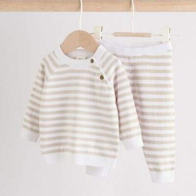 Neutral Stripe Knitted Top and Leggings Baby Set