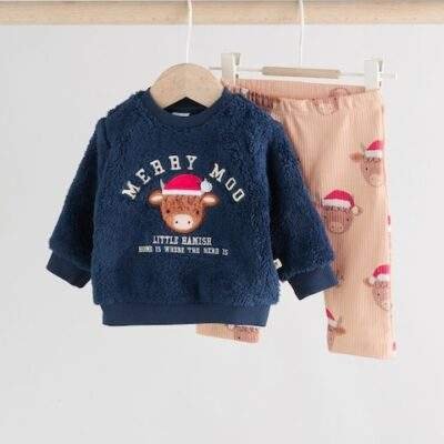 Navy Christmas Hamish Baby Fleece Top and Leggings Set