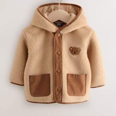 Tan Brown Hooded Fleece Zip Through Jacket
