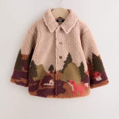 Neutral Scenic Print Borg Fleece Shacket