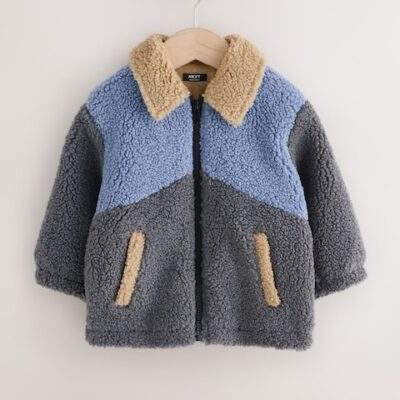 Charcoal/Blue/Tan Colorblock Borg Fleece Shacket