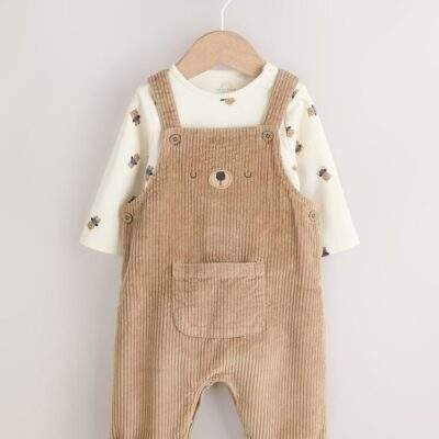 Tan Brown Bear Cord Dungarees and Bodysuit Baby Set
