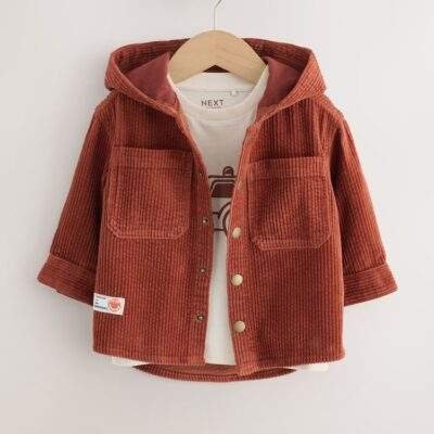 Rust Red Hooded Corduroy Overshirt & T-Shirt Set 2 Piece