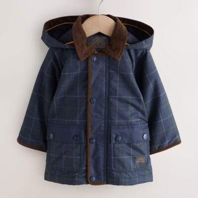 Navy Hooded Cord Collar Shower Resistant Coat