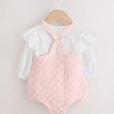Pink/ White Baby Romper and Knitted Dungarees with Tights 3 Piece Set