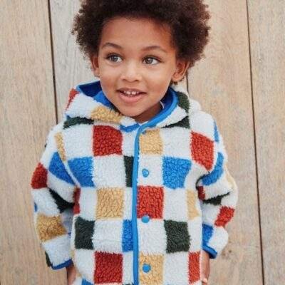 Multi Checkerboard Hooded Fleece Zip Through Jacket