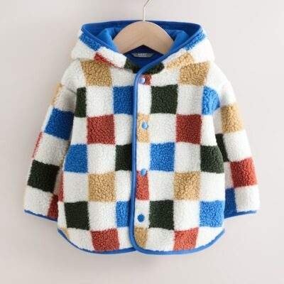 Multi Checkerboard Hooded Fleece Zip Through Jacket