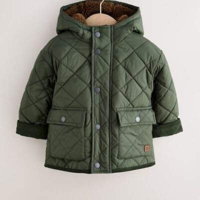Khaki Green Borg Lined Quilted Coat