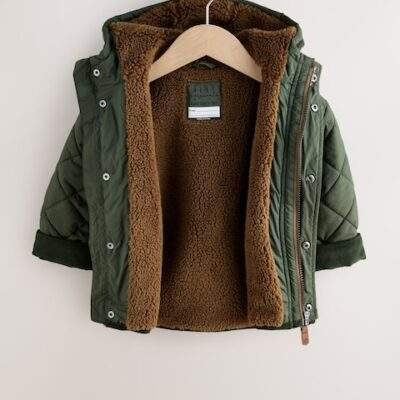 Khaki Green Borg Lined Quilted Coat