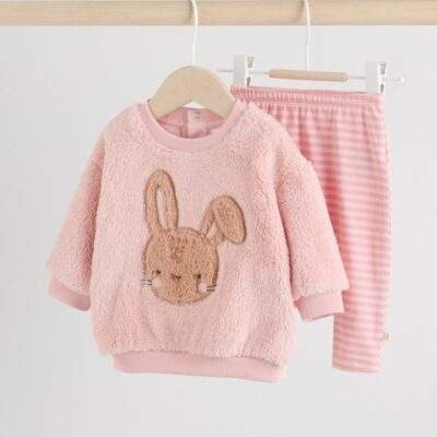Pink Bunny Baby Fleece Tops and Leggings Set 2 Piece