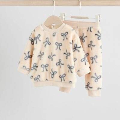 Black/White Soft Velour Bow Print Jumper and Trousers Set