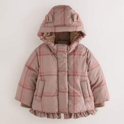Check Shower Resistant Frill Hem Padded Coat