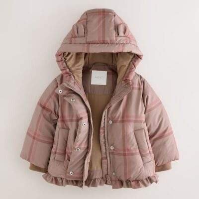 Check Shower Resistant Frill Hem Padded Coat