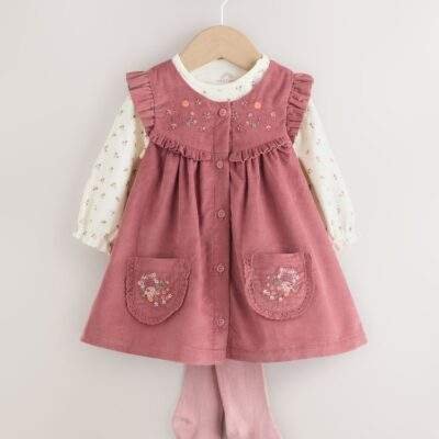 Pink Embroidered Baby Cord Pinafore Long Sleeve Bodysuit & Tights Set