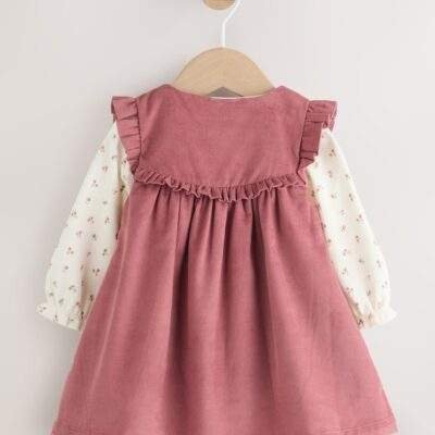Pink Embroidered Baby Cord Pinafore Long Sleeve Bodysuit & Tights Set