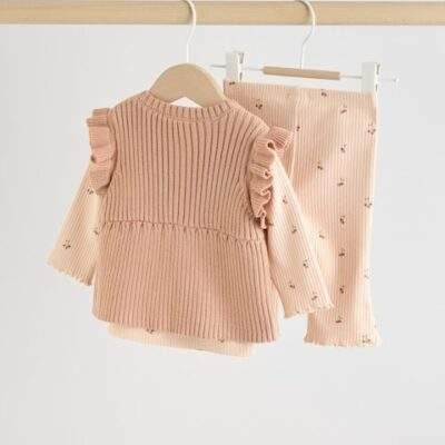 Neutral Cherry Baby Knitted Gilet, Long Sleeve Top and Leggings 3 Piece Set