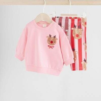 Red/Pink Reindeer Christmas Sweat and Joggers Baby Set