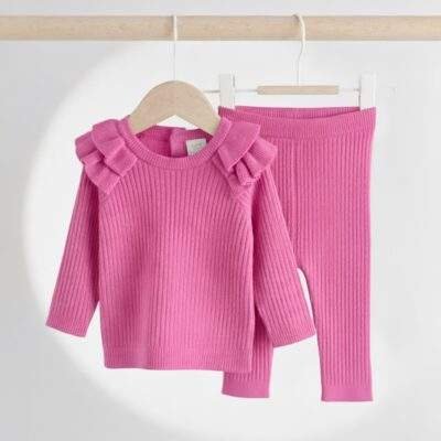 Bright Pink Knitted Jumper and Legging 2 Piece Baby Set