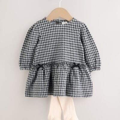 Black/Grey Gingham Baby Long Sleeve Tiered Dress with Tights