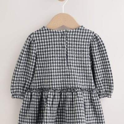 Black/Grey Gingham Baby Long Sleeve Tiered Dress with Tights