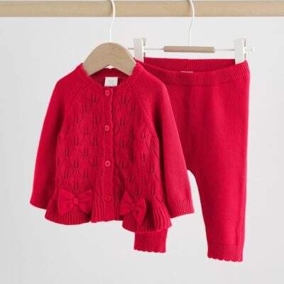 Red Frill Knitted Bow Baby Cardigan Set