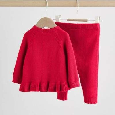 Red Frill Knitted Bow Baby Cardigan Set