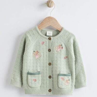Sage Green Fairy Embroidered Baby Cardigan