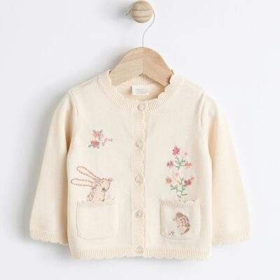 Cream Bunny 100% Cotton Pointelle Knitted Floral Flower Baby Cardigan