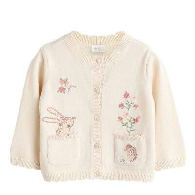 Cream Bunny 100% Cotton Pointelle Knitted Floral Flower Baby Cardigan