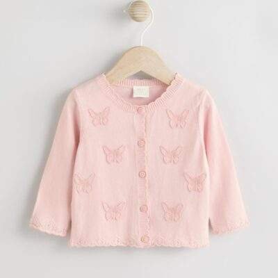 Butterfly Embroidered Pink Knitted Baby Cardigan
