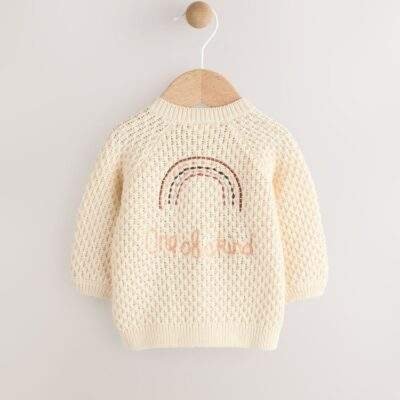 Ecru Knitted Embroidered Baby Cardigan