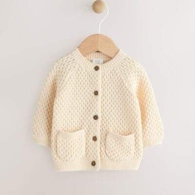 Ecru Knitted Embroidered Baby Cardigan