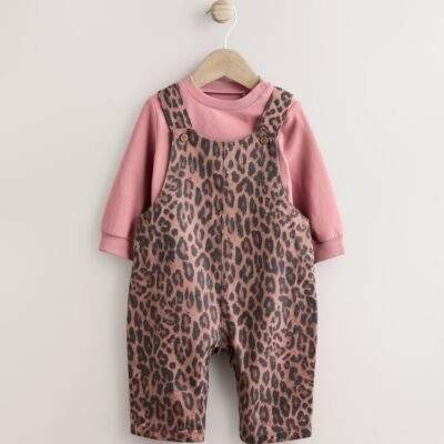 Tan Brown Leopard Print Long Sleeve Baby Bodysuit & Dungarees Set