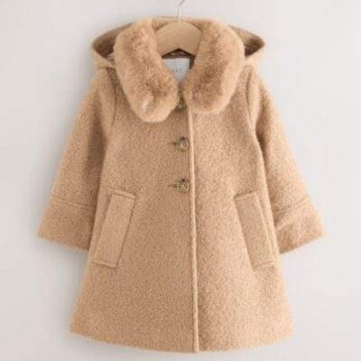 Camel Faux Fur Collar Hooded Coat with Wool