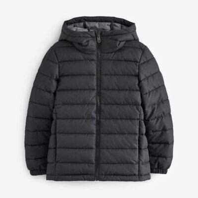 Black Quilted Midweight Hooded Jacket