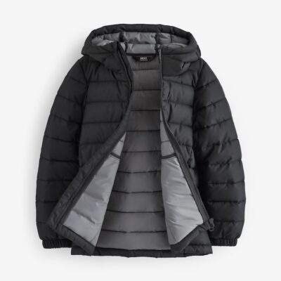 Black Quilted Midweight Hooded Jacket