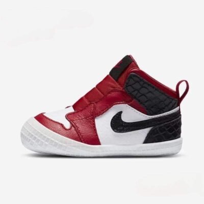 Nike Jordan 1 Crib Bootie Red, White & Black with a Textured Finish