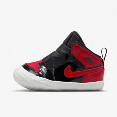 Nike Jordan 1 Crib Bootie Black & Red with a Patent Finish