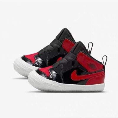 Nike Jordan 1 Crib Bootie Black & Red with a Patent Finish