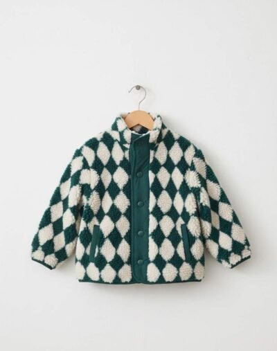Green/White Harlequin Patterned Zip Through Fleece