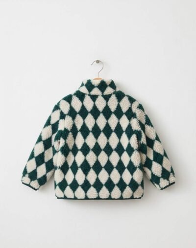 Green/White Harlequin Patterned Zip Through Fleece