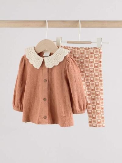 Rust and White Frill Collar Top and Printed Leggings 2 Piece Set